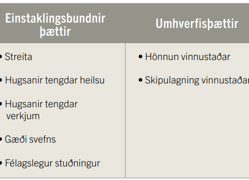 Tafla 1 Yfirlit yfir ýmsa þætti sem geta tengst vinnutengdum stoðkerfisverkjum.